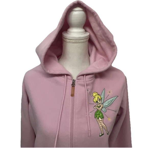 Disney Vintage Tinkerbell Pink Fleece Zip Up Hoodie Bling Jacket XL Pockets - Picture 6 of 9